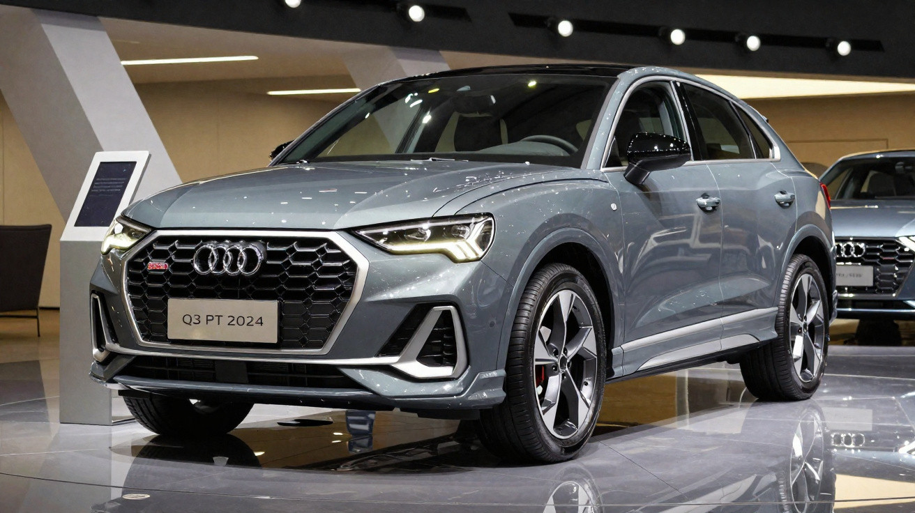 Audi Q3 PT 2024 gris métallisé exposée en intérieur sur un sol brillant, vue trois quarts avant.