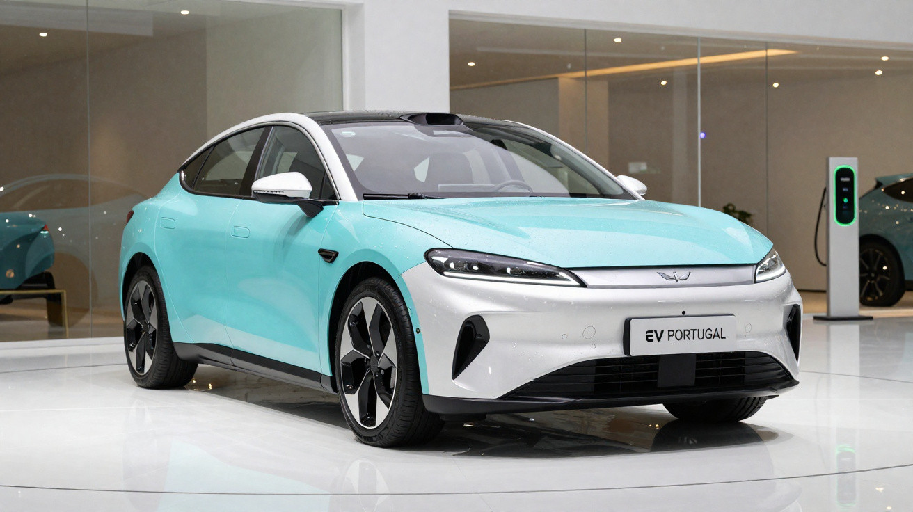 Voiture électrique moderne bleu clair et blanc exposée dans un showroom lumineux avec station de recharge visible.