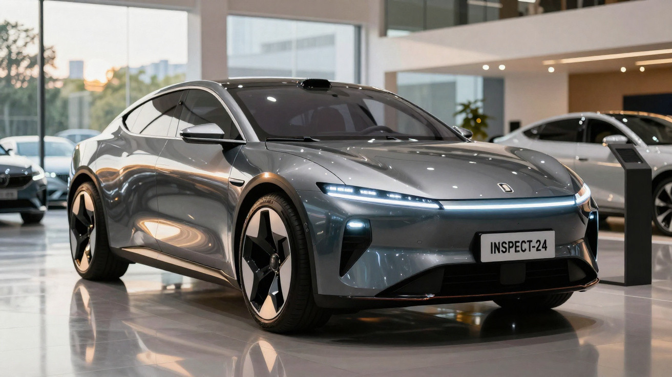 Voiture électrique grise et moderne exposée en intérieur dans un showroom avec éclairage naturel.