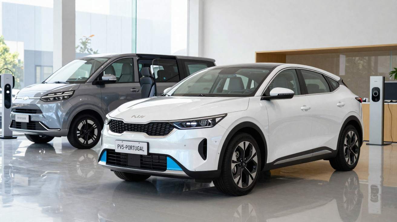 Deux voitures électriques KIA blanches exposées dans un showroom lumineux avec bornes de recharge visibles.