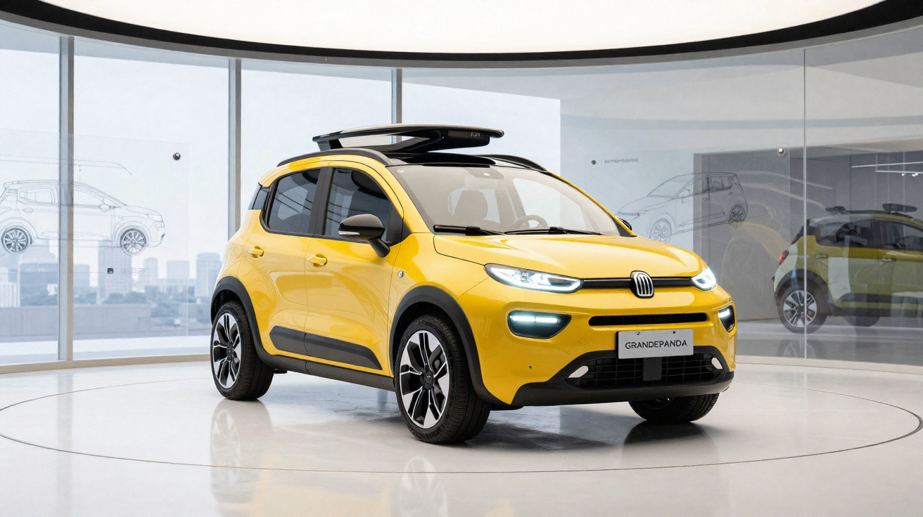 Voiture compacte jaune Fiat Grande Panda exposée dans un showroom moderne avec grandes baies vitrées.
