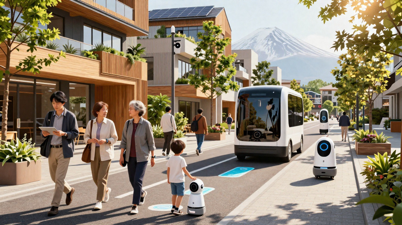 Rue urbaine moderne au Japon avec piétons, robots autonomes, véhicule électrique et le mont Fuji en arrière-plan.
