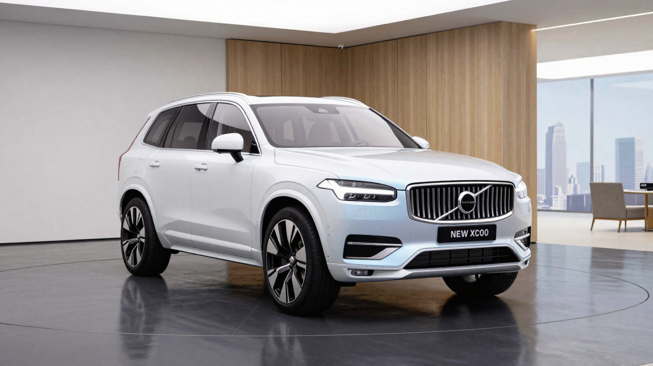 SUV Volvo XC90 blanc stationné dans un intérieur moderne avec vue urbaine en arrière-plan.