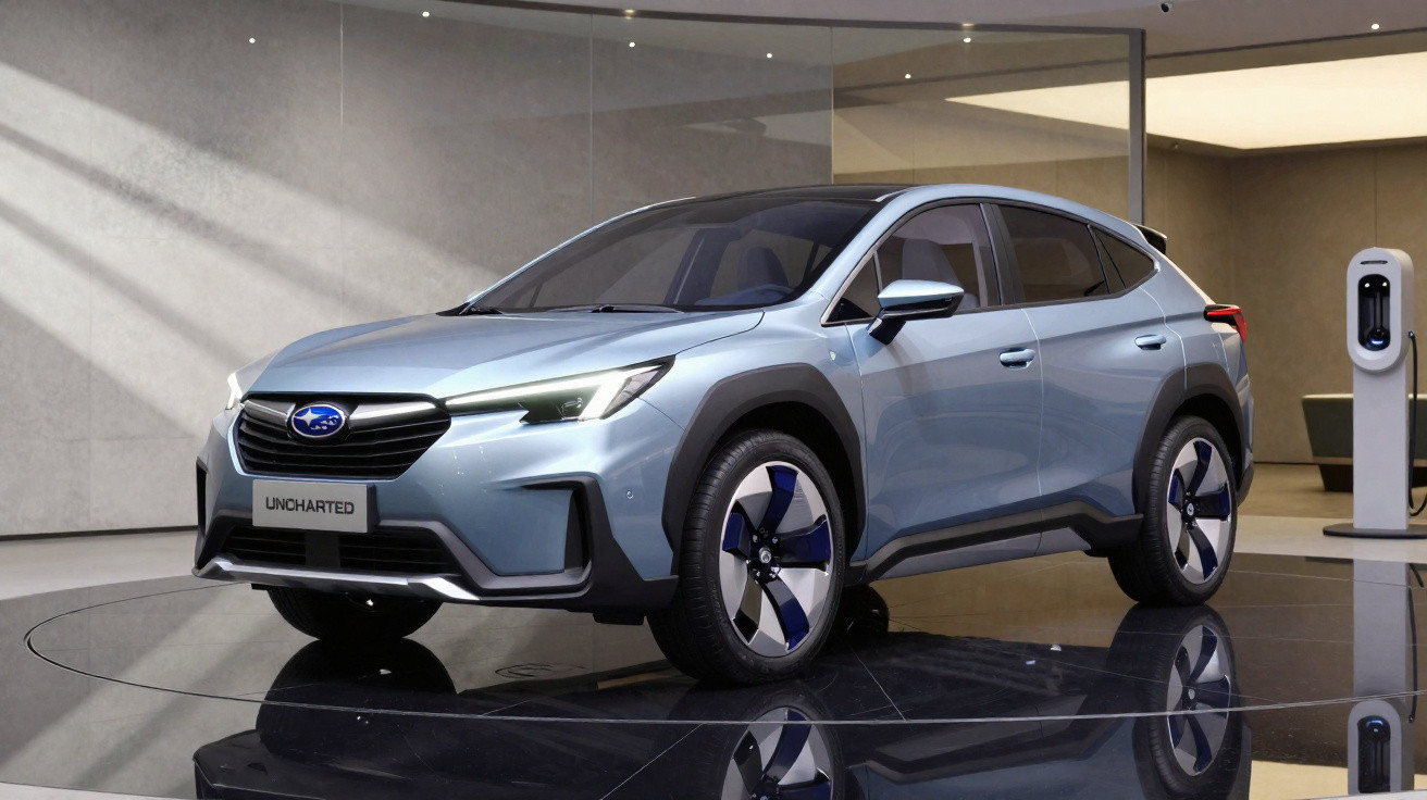 Voiture électrique Subaru Uncharted gris métallisé exposée en intérieur avec borne de recharge à proximité.