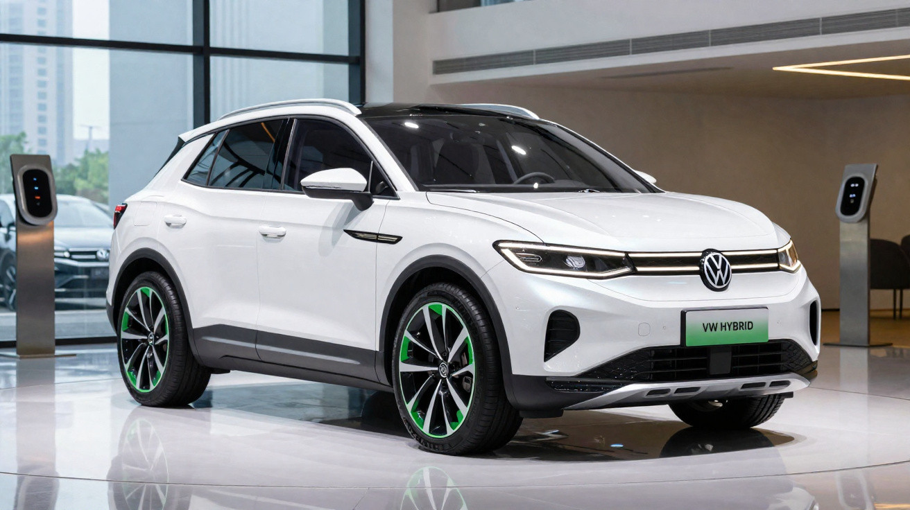 SUV hybride Volkswagen blanc exposé dans un showroom moderne avec bornes de recharge électriques.