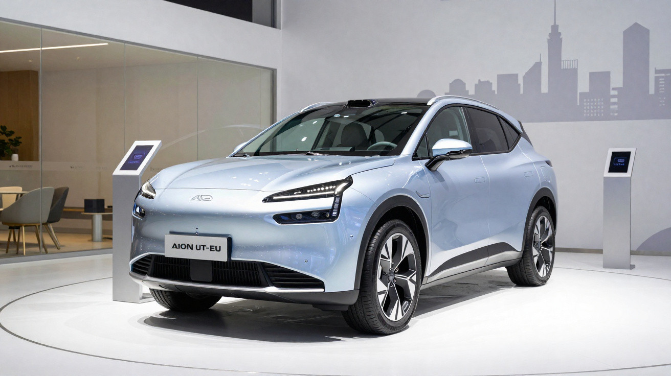 Voiture électrique Aion UT-EU grise exposée dans un showroom moderne avec fond blanc et décor urbain.