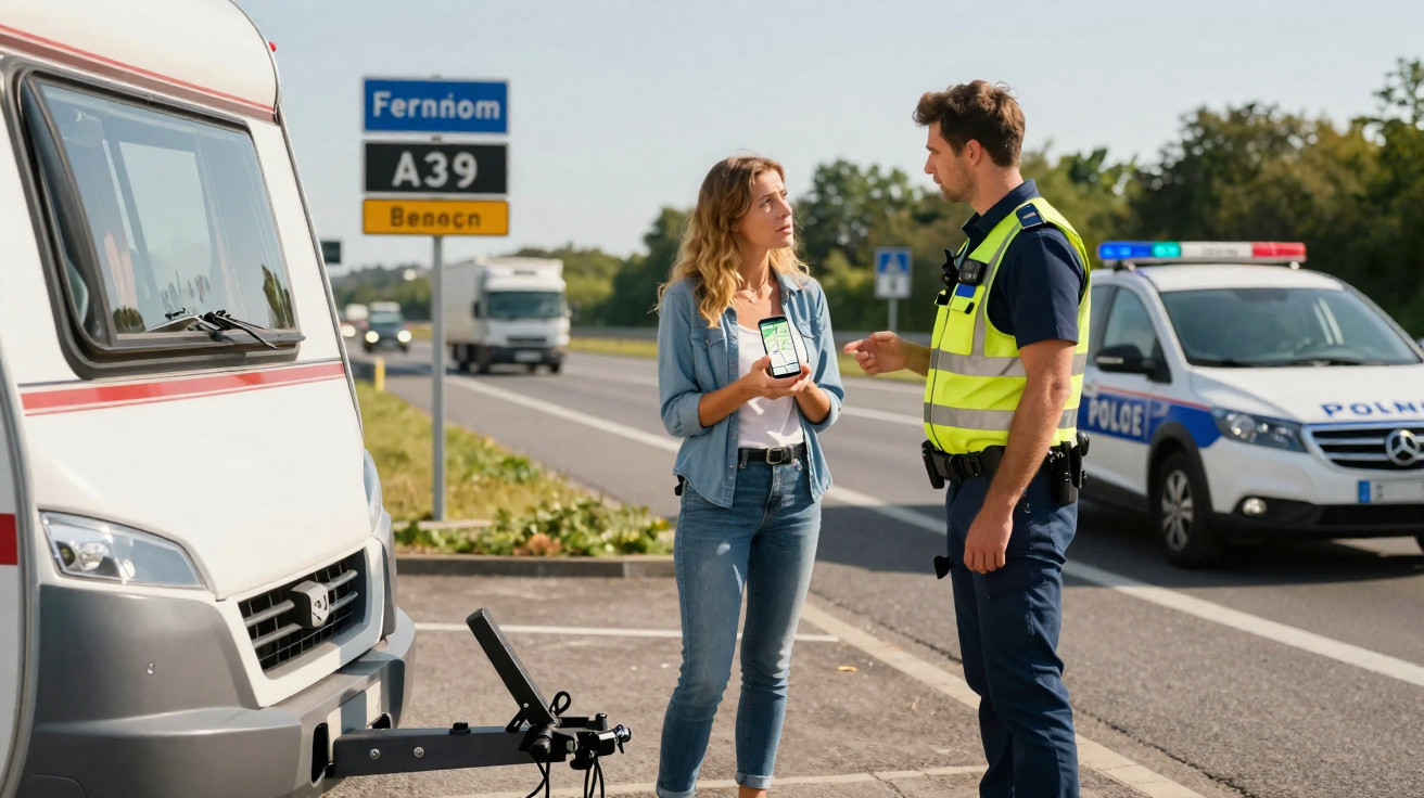 Une femme montre son téléphone à un policier près d’un camping-car stationné sur une route.