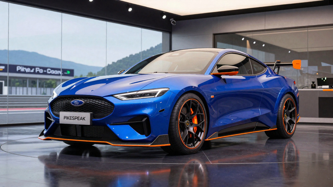 Voiture de sport bleue Ford Pikes Peak exposée dans une salle moderne avec grandes fenêtres vitrées.