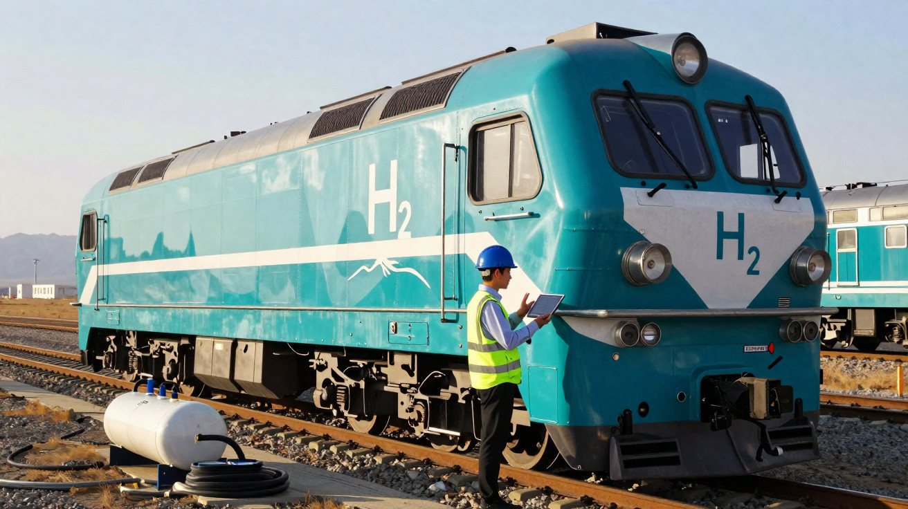 Locomotive turquoise fonctionnant à l'hydrogène avec un ouvrier en casque bleu et gilet jaune utilisant une tablette.
