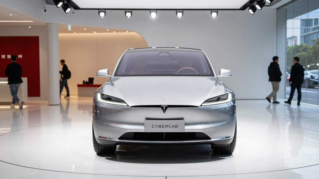 Voiture électrique Tesla Cybercab grise exposée dans une salle d'exposition moderne avec des visiteurs.