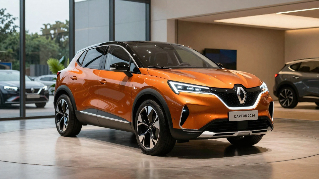 Renault Captur 2024 orange exposée en intérieur, design moderne avec toit noir et phares LED.