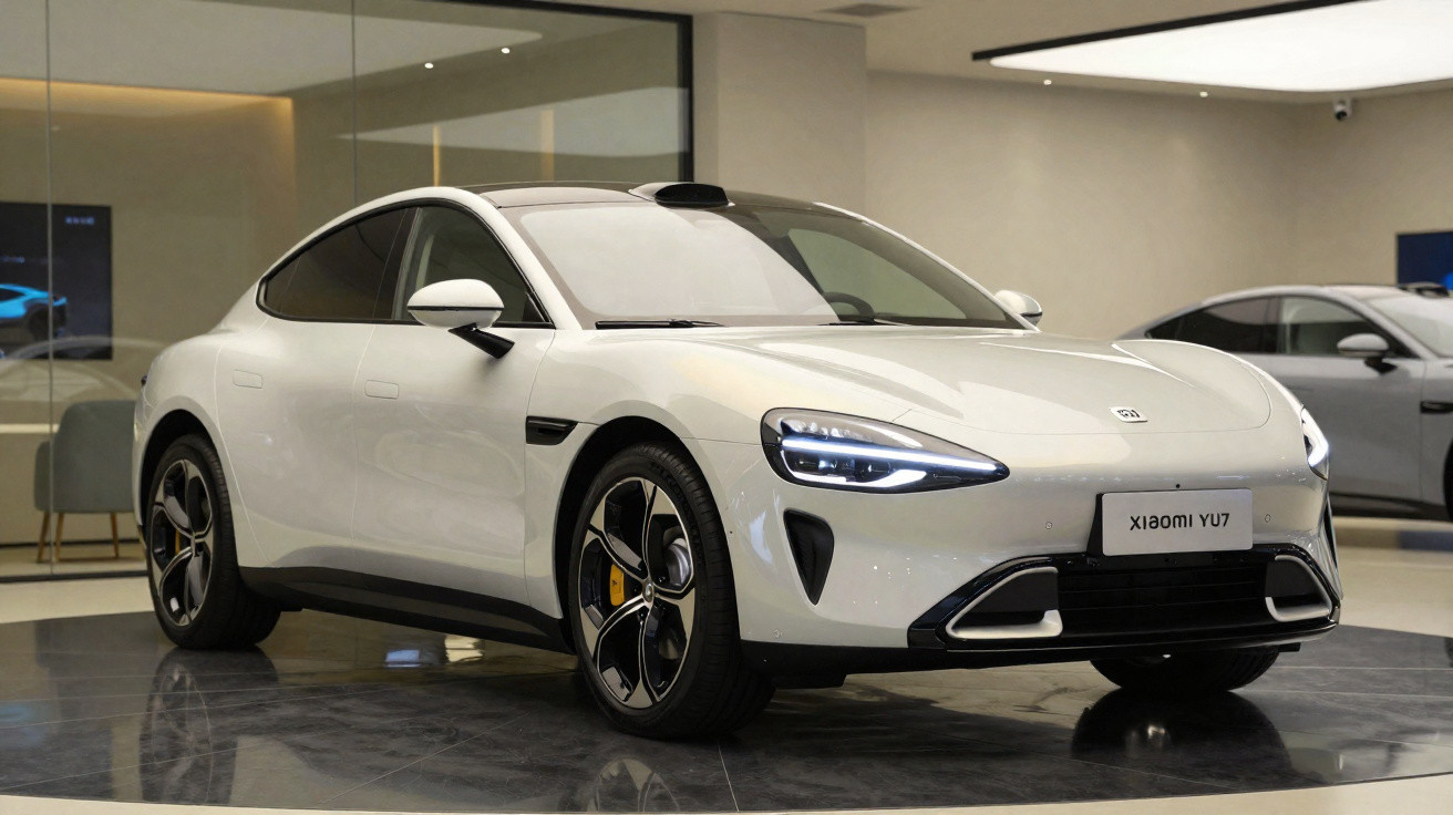Voiture électrique blanche Xiaomi YU7 exposée en showroom avec phares allumés et design sportif moderne.