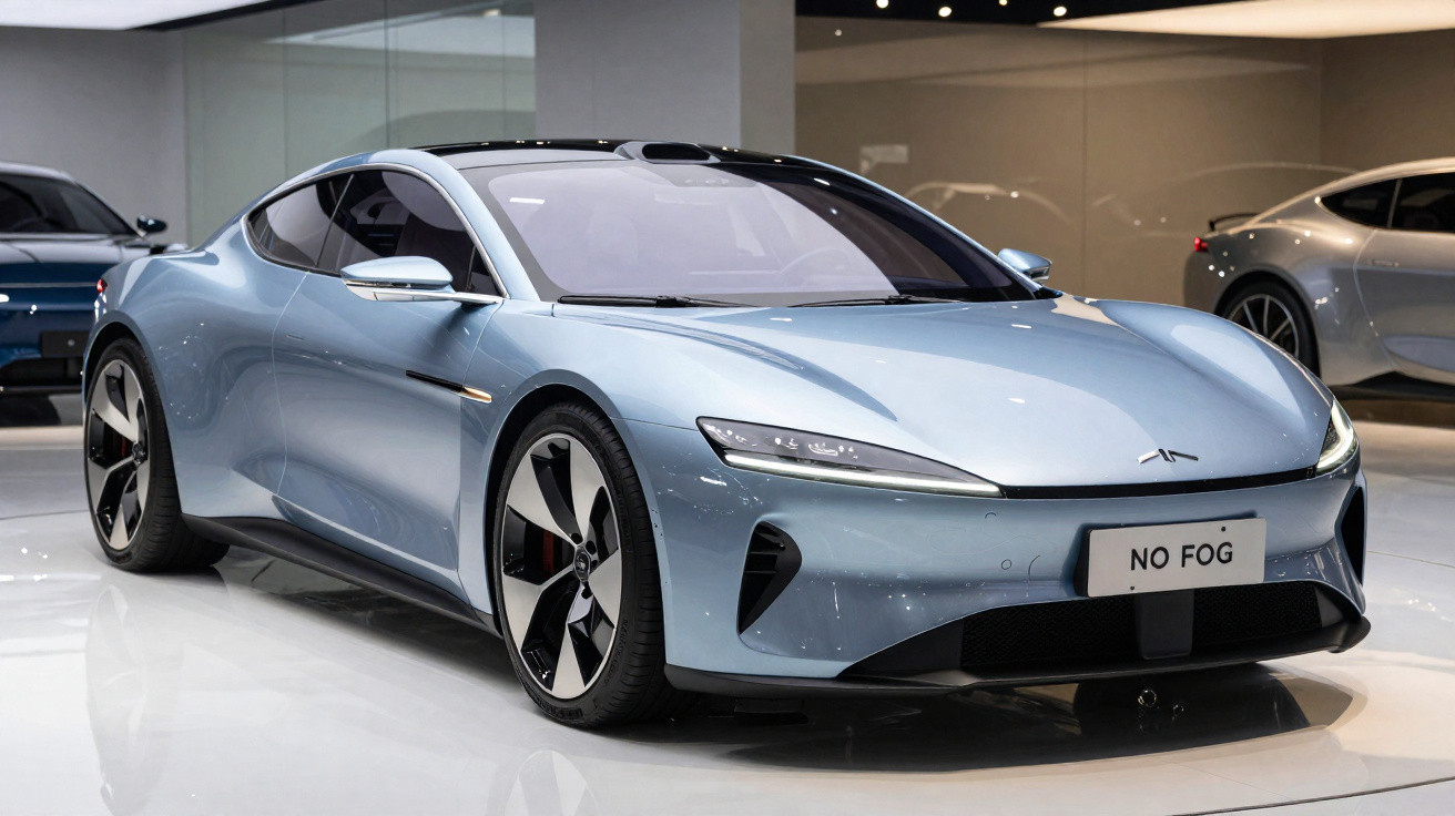 Voiture électrique sportive bleue métallique exposée dans un showroom moderne avec éclairage doux.