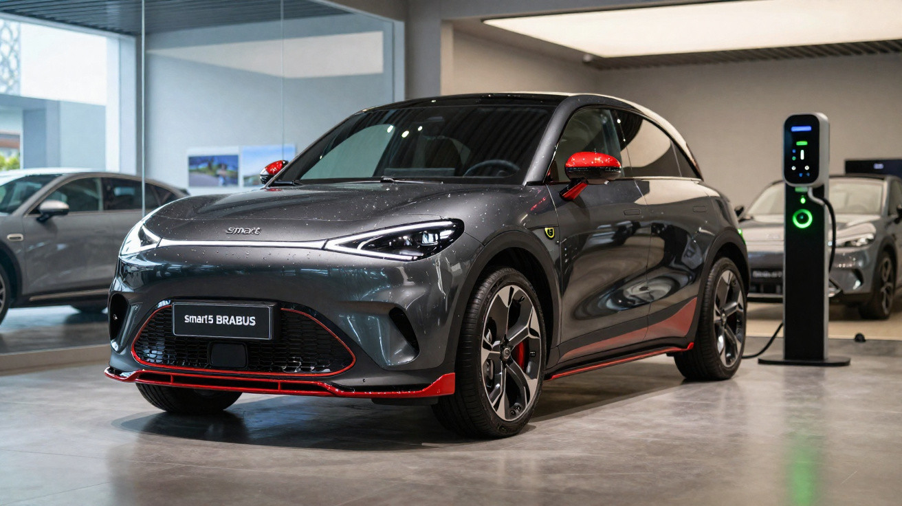 Voiture électrique Smart 5 Brabus grise et rouge en charge dans un showroom moderne.