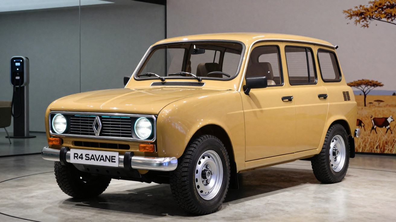 Voiture Renault R4 Savane beige exposée en intérieur avec phares allumés et pneus tout-terrain.