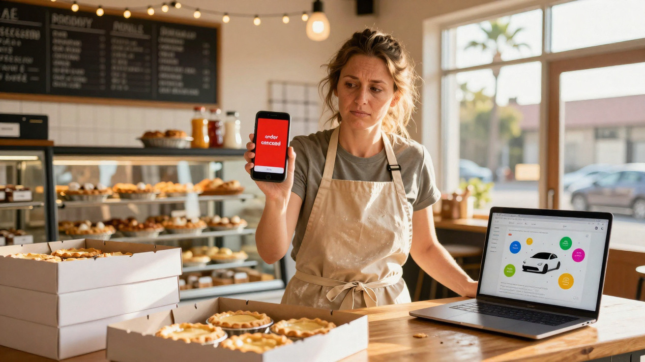 Femme boulangerie montrant un téléphone avec message erreur,ordinateur portable et tartes sur le comptoir.