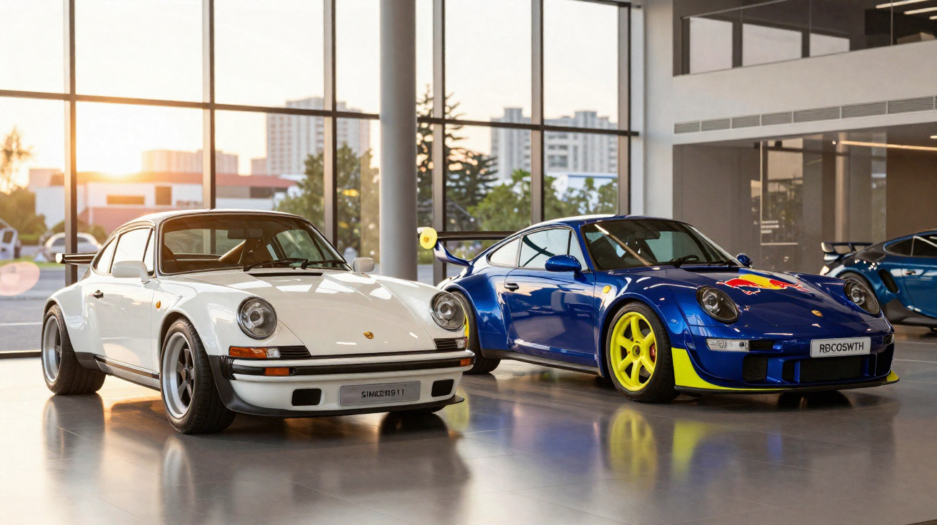 Deux voitures de sport Porsche classiques, une blanche et une bleue avec des jantes jaunes, exposées en intérieur lumineux.