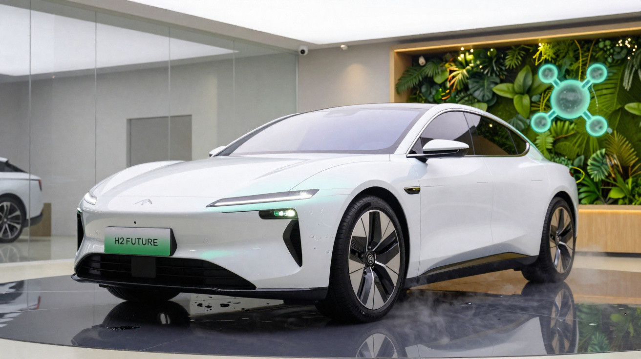 Voiture électrique blanche futuriste H2 FUTURE exposée dans un showroom moderne avec un mur végétal en arrière-plan.