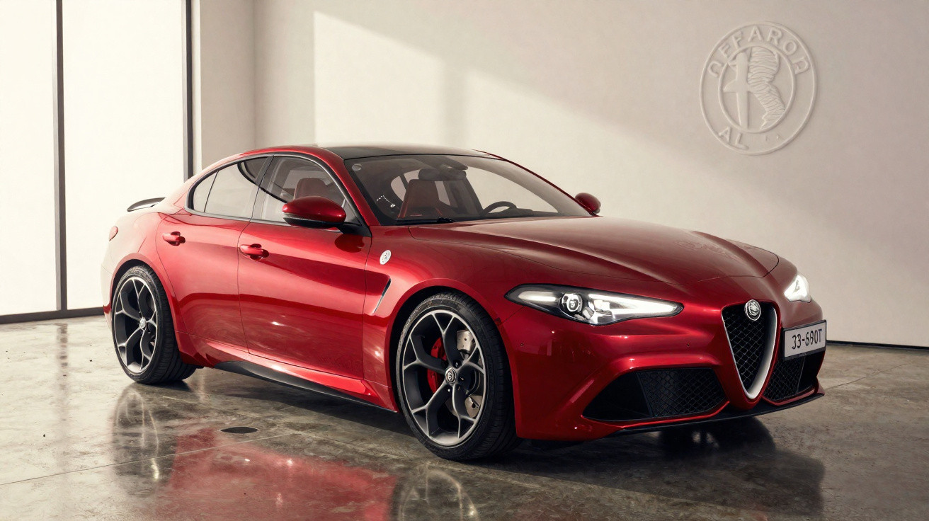 Voiture sportive Alfa Romeo rouge stationnée dans un intérieur moderne avec sol en béton poli.