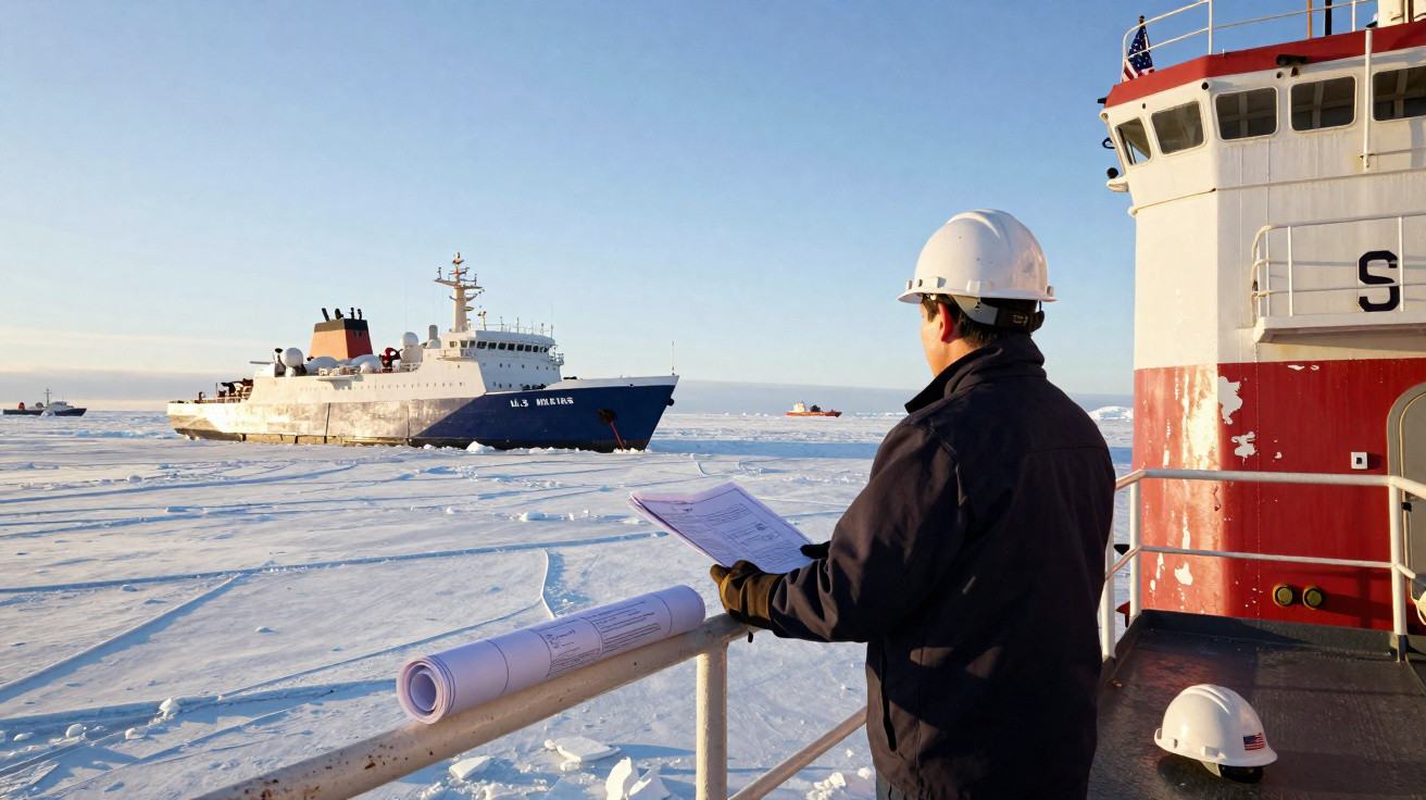 Homme en casque blanc consulte des plans sur un bateau, glace et navire brise-glace à l'horizon.