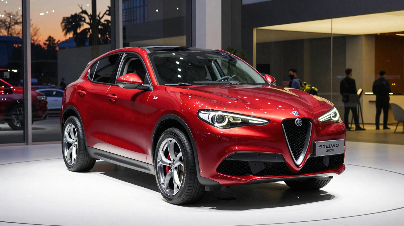 SUV rouge Alfa Romeo Stelvio 2022 exposé dans un showroom moderne au coucher du soleil.