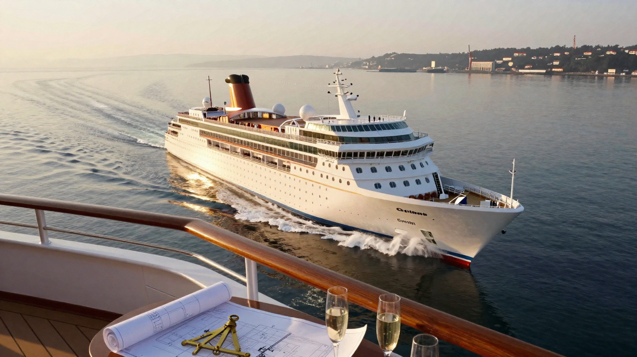 Grand paquebot blanc naviguant au lever du soleil, vu depuis le pont d’un autre bateau avec plans et coupes de champagne.