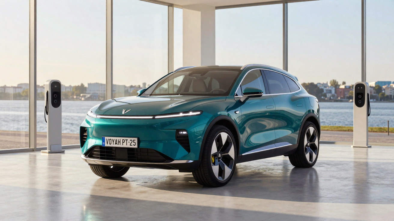 SUV électrique bleu stationné dans un salon avec vue sur l'eau et bornes de recharge à proximité.