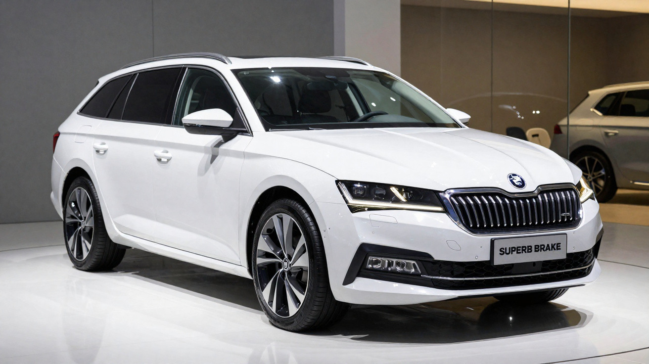 Voiture break blanche Skoda Superb exposée en intérieur sur sol brillant.