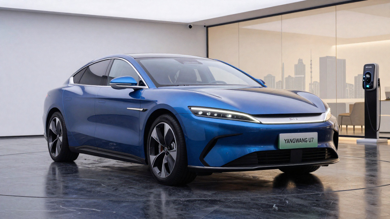 Voiture électrique bleue Yangwang U7 garée à l'intérieur près d'une borne de recharge.