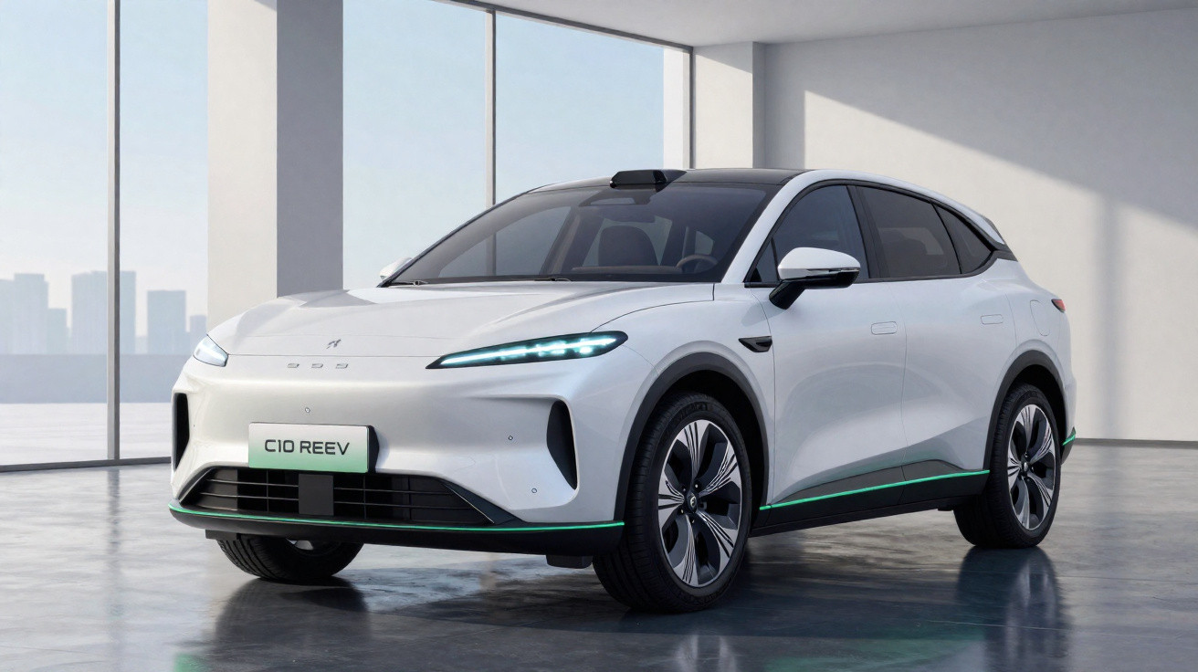 Véhicule électrique blanc moderne garé dans un espace lumineux avec grandes fenêtres panoramiques.