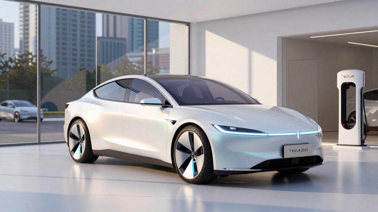 Voiture électrique Tesla blanche, design futuriste, station de recharge dans un showroom moderne avec grande baie vitrée.
