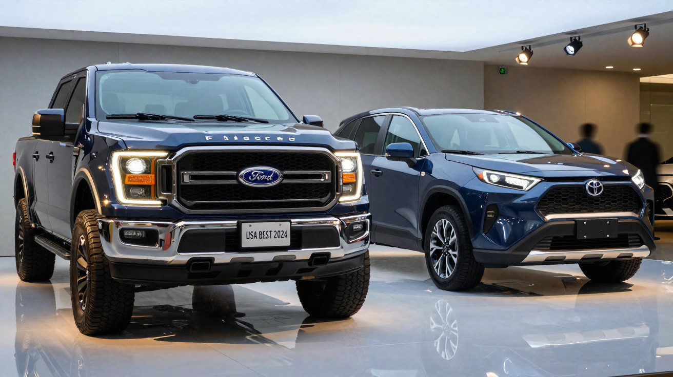 Deux voitures neuves, un pick-up Ford et un SUV Toyota, exposées dans une salle lumineuse.