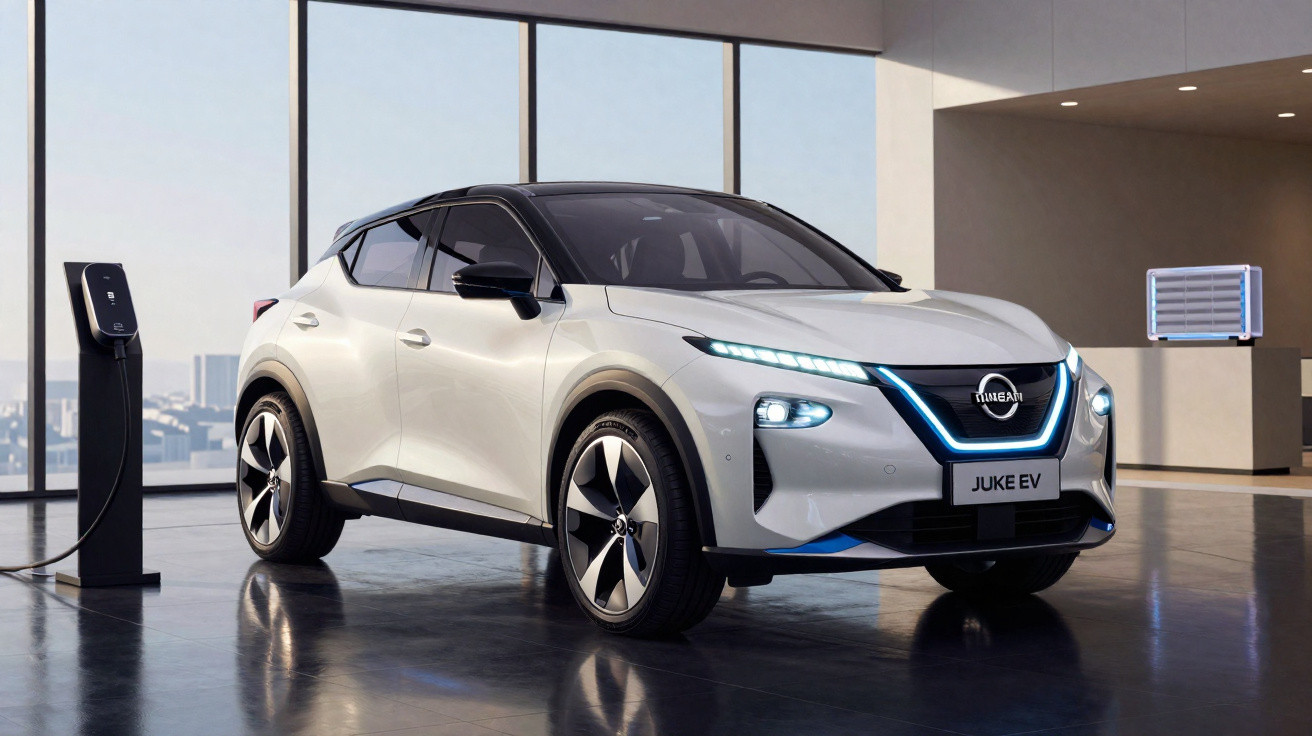 Voiture électrique Nissan Juke EV blanche en charge dans un showroom moderne lumineux.