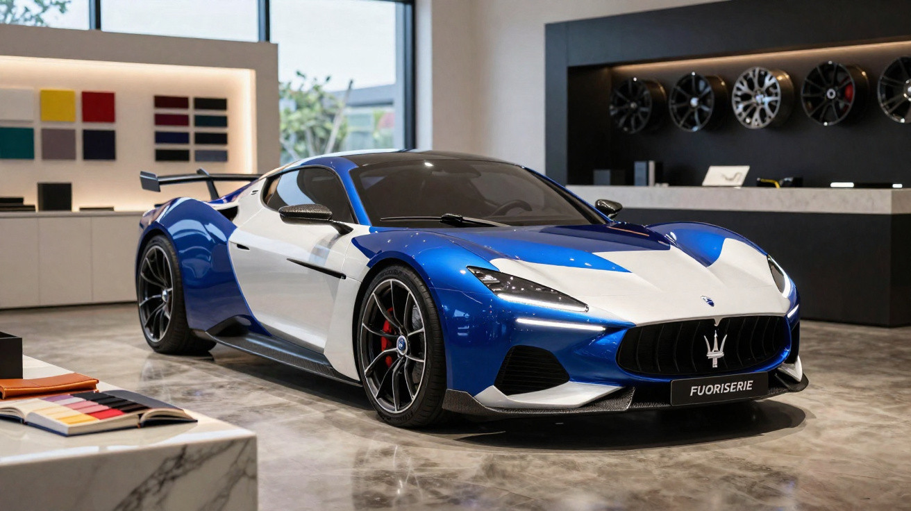 Voiture de sport Maserati bleue et blanche exposée en intérieur avec des jantes en arrière-plan.