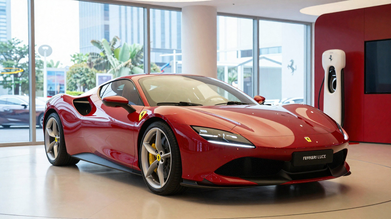 Voiture de sport Ferrari rouge exposée dans un showroom avec grandes fenêtres et borne de recharge électrique.