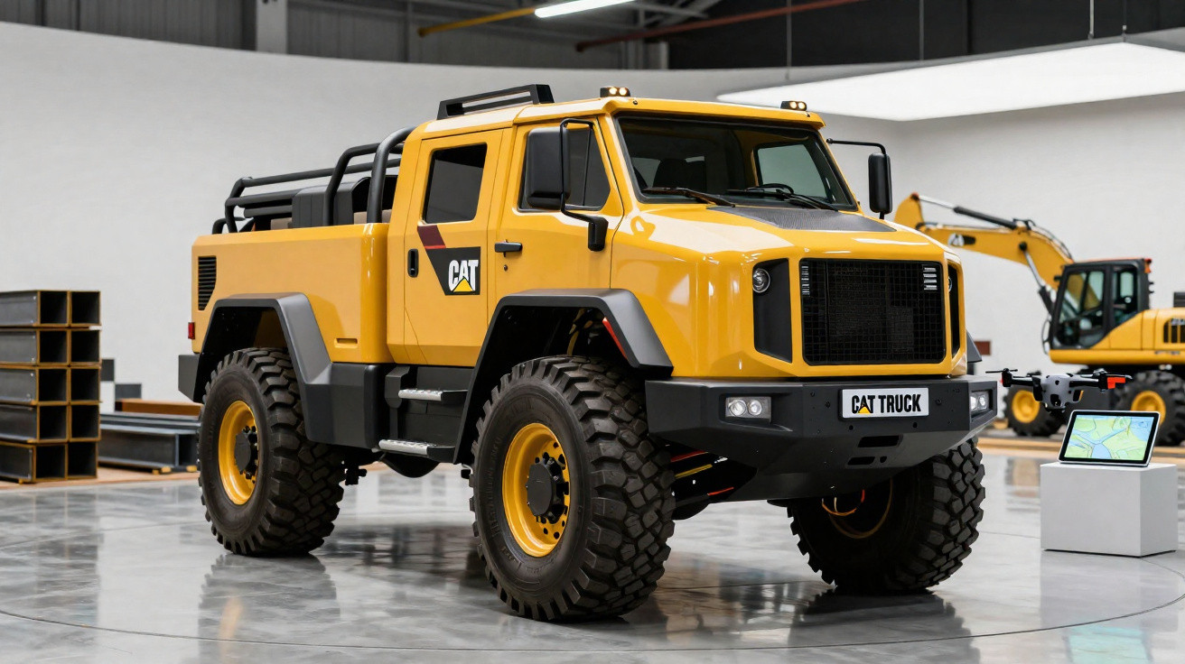 Camionnette jaune robuste CAT avec grandes roues tout-terrain exposée dans un hangar industriel moderne.