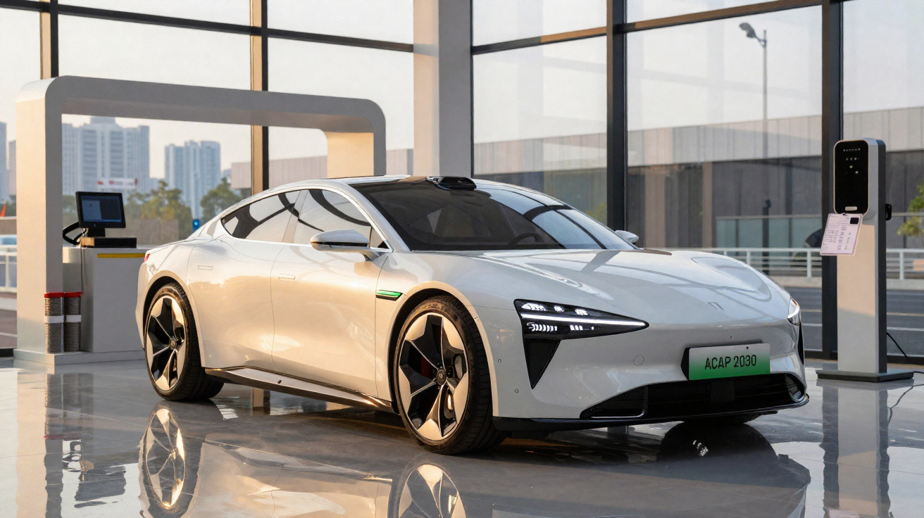 Voiture électrique blanche au design futuriste stationnée près d'une borne de recharge en vitrine moderne.