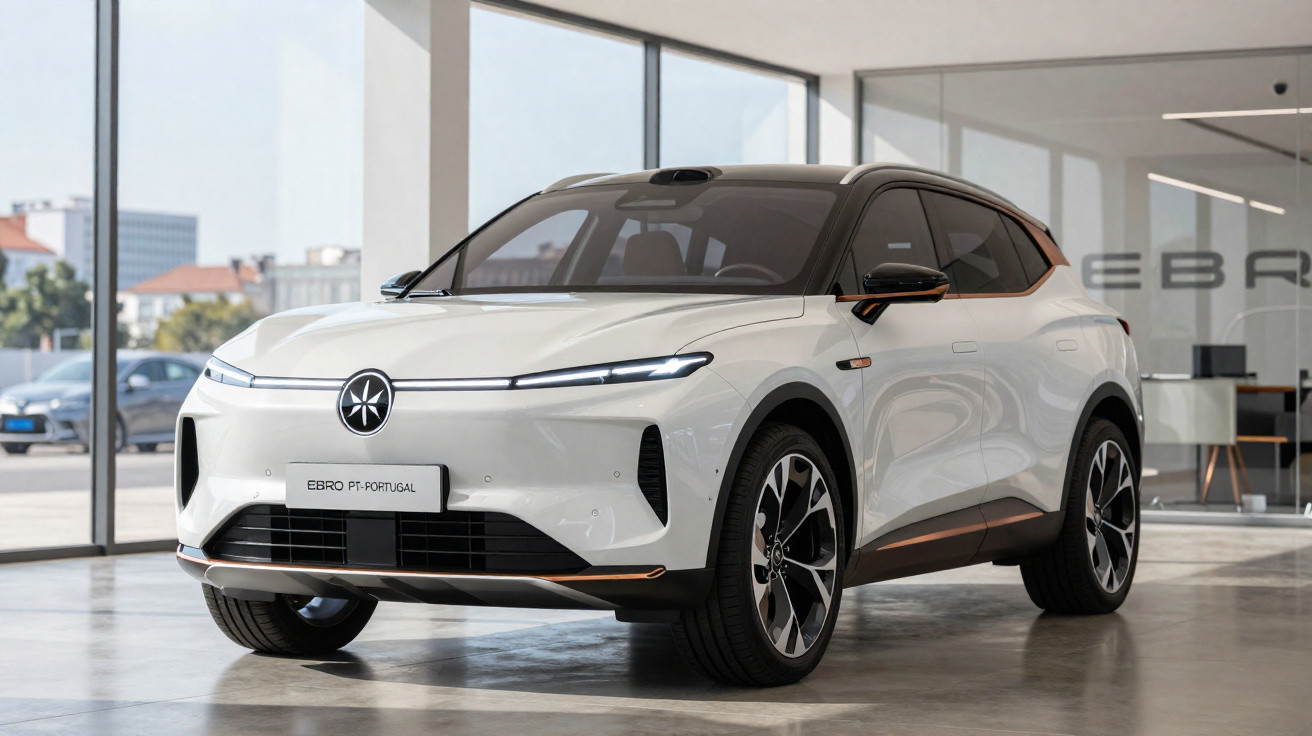 SUV électrique blanc EBRO PT-Portugal exposé dans un showroom moderne avec grandes baies vitrées.