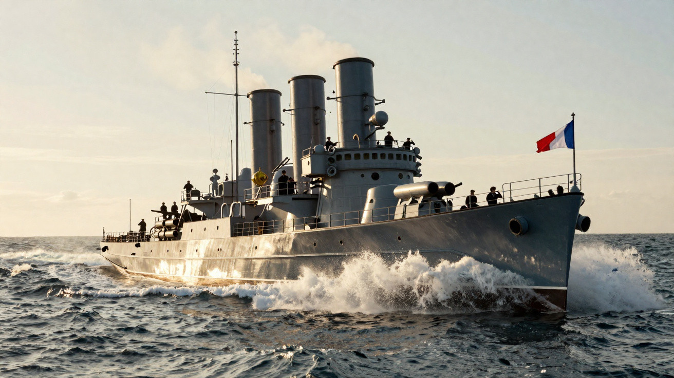 Navire militaire ancien français naviguant en mer avec drapeau tricolore au coucher du soleil.