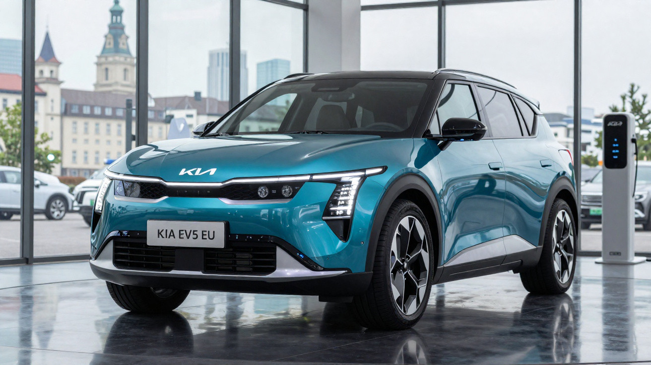 Véhicule électrique Kia EV5 bleu exposé dans un showroom moderne avec grandes baies vitrées.