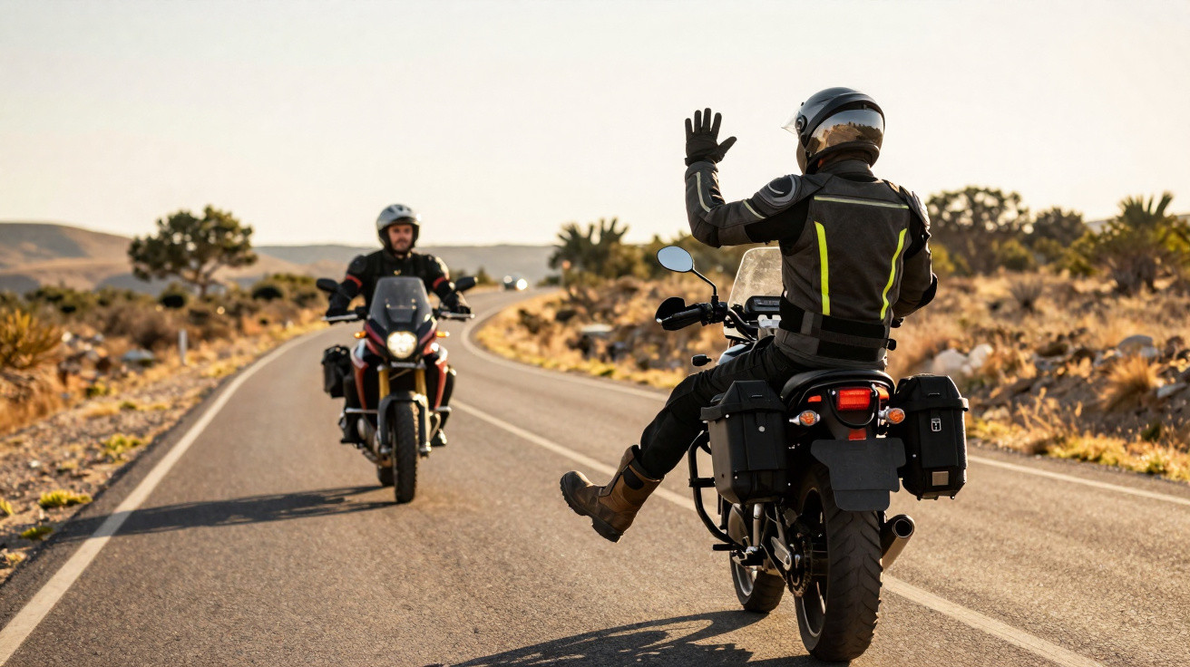 Deux motards en tenue complète se saluent sur une route déserte en paysage désertique au coucher du soleil.