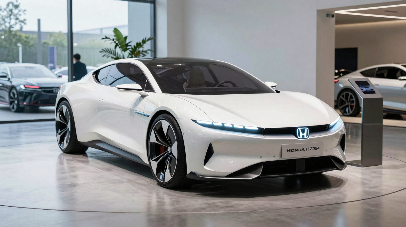 Voiture électrique blanche Honda H-2024 exposée dans un showroom moderne avec vitrines et autres véhicules.