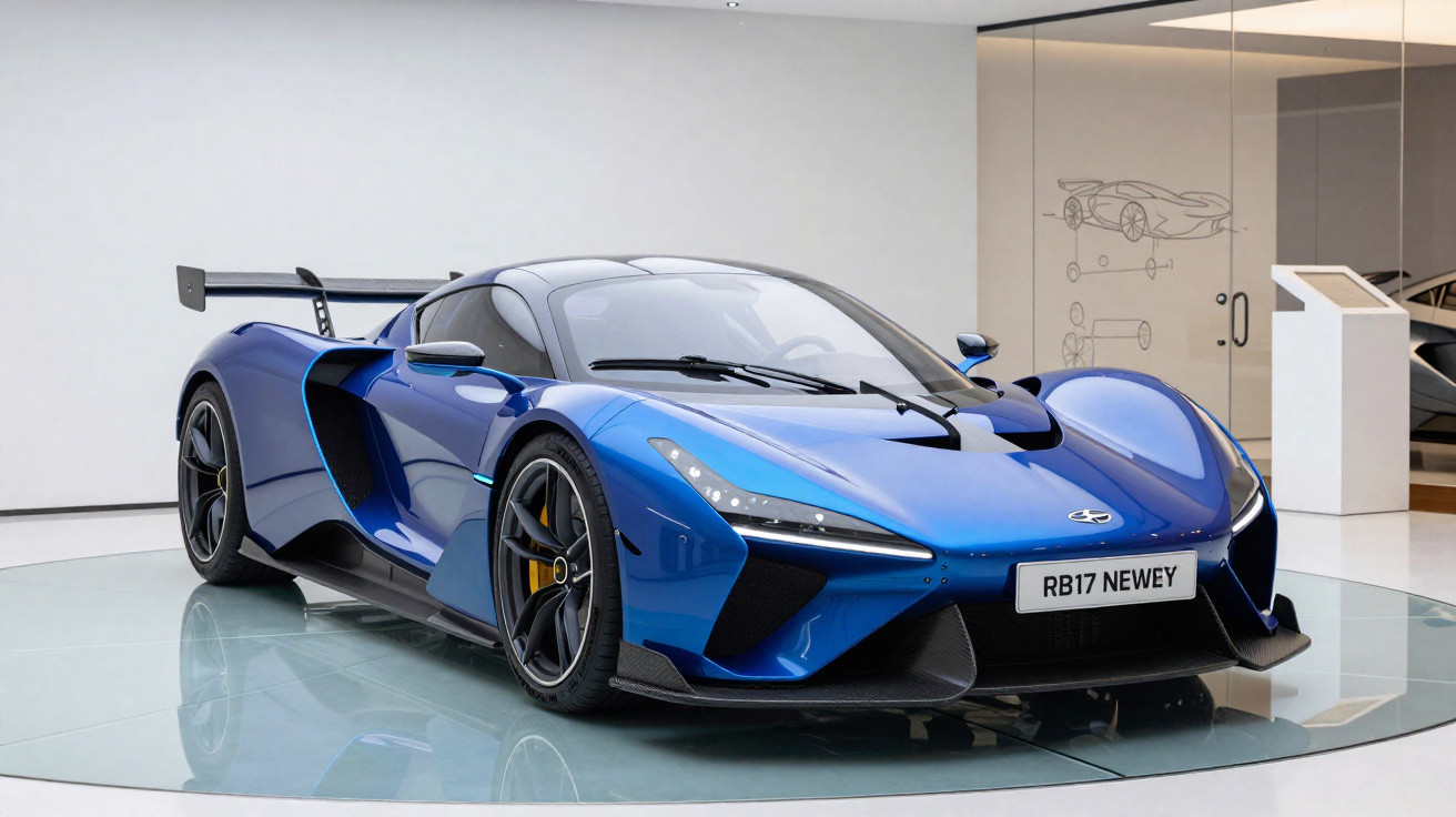 Voiture de sport bleue avec carrosserie aérodynamique exposée dans un showroom moderne.