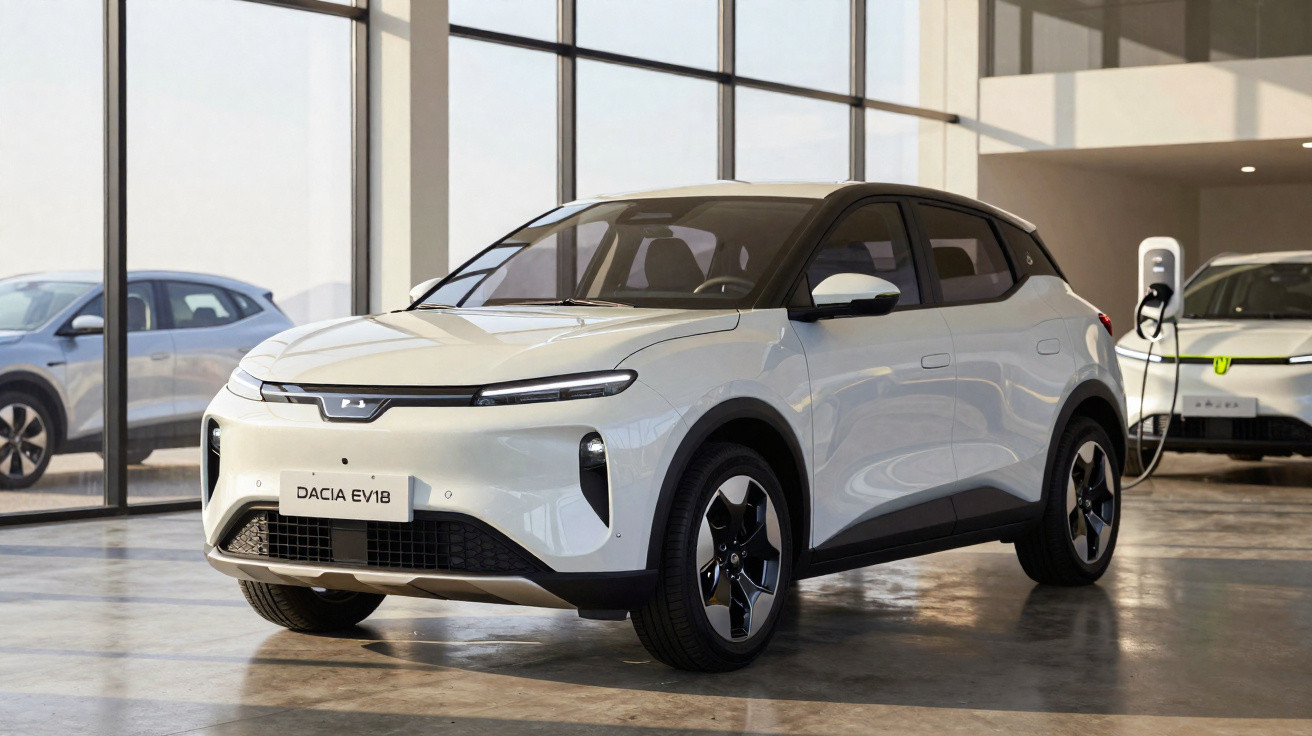 Voiture électrique blanche Dacia EV18 en showroom avec fenêtres panoramiques et autre véhicule en charge.