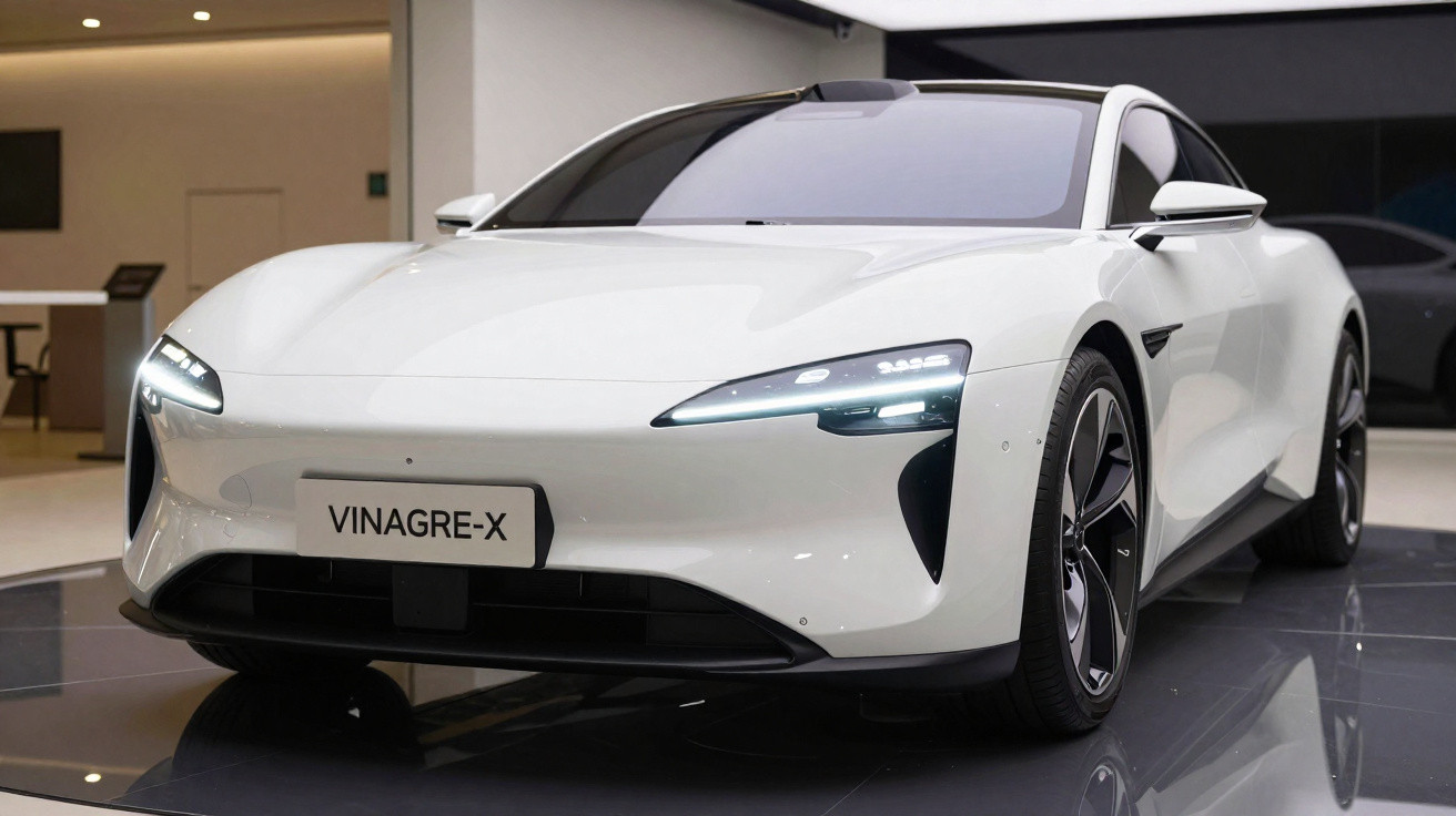 Voiture électrique blanche moderne Vinagre-X exposée en intérieur avec phares allumés.