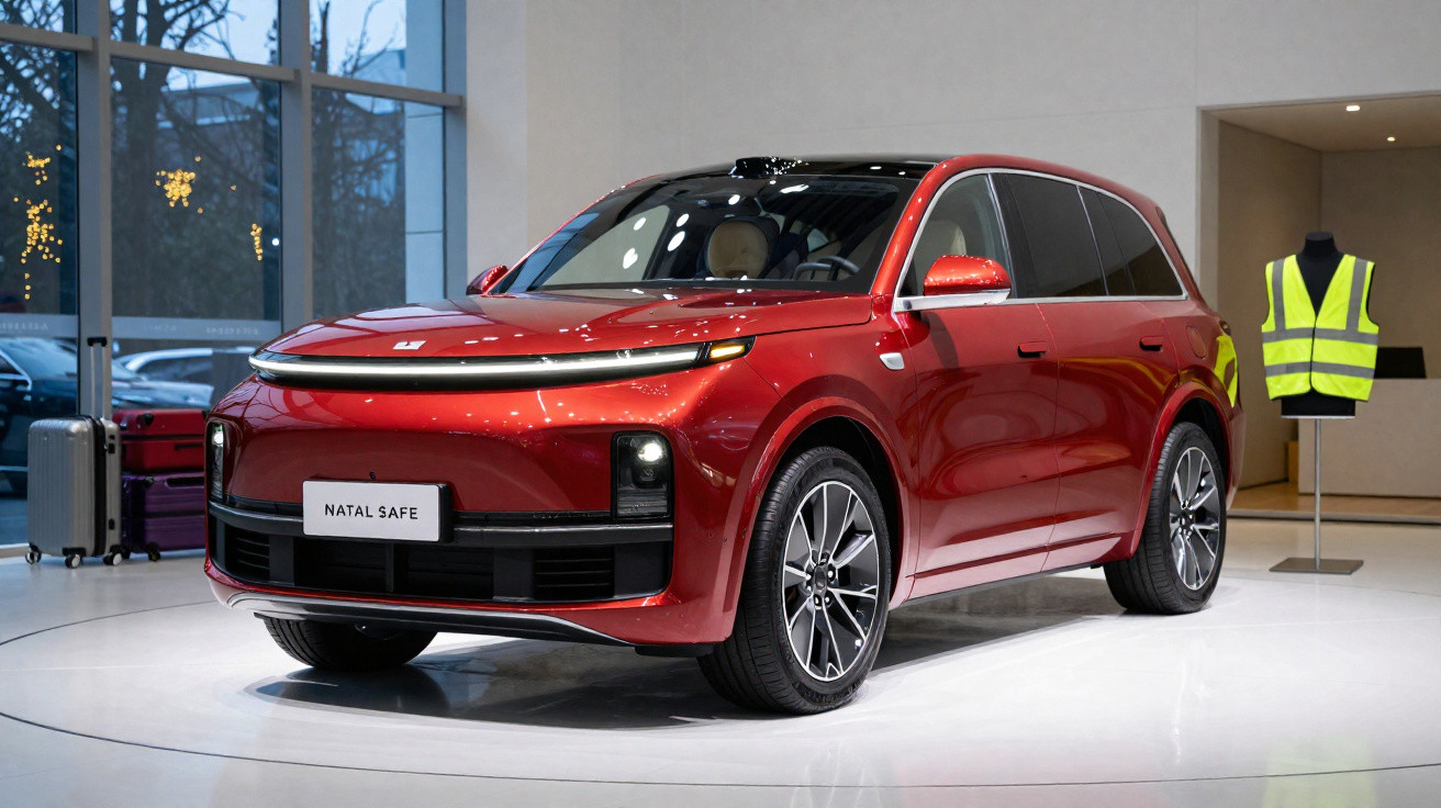 Véhicule SUV rouge exposé en intérieur avec plaque “NATAL SAFE” et gilet jaune en arrière-plan.