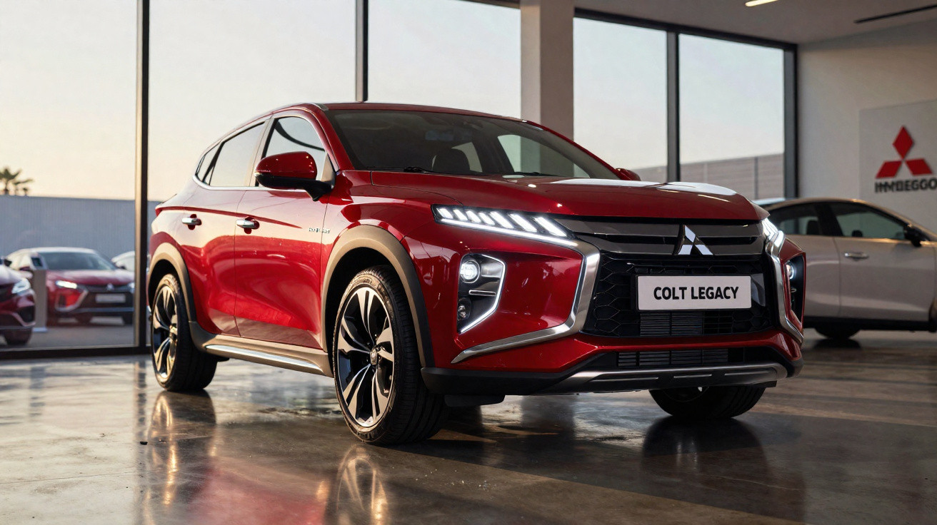 Véhicule Mitsubishi Colt Legacy rouge exposé dans une concession avec éclairage naturel et intérieur moderne.