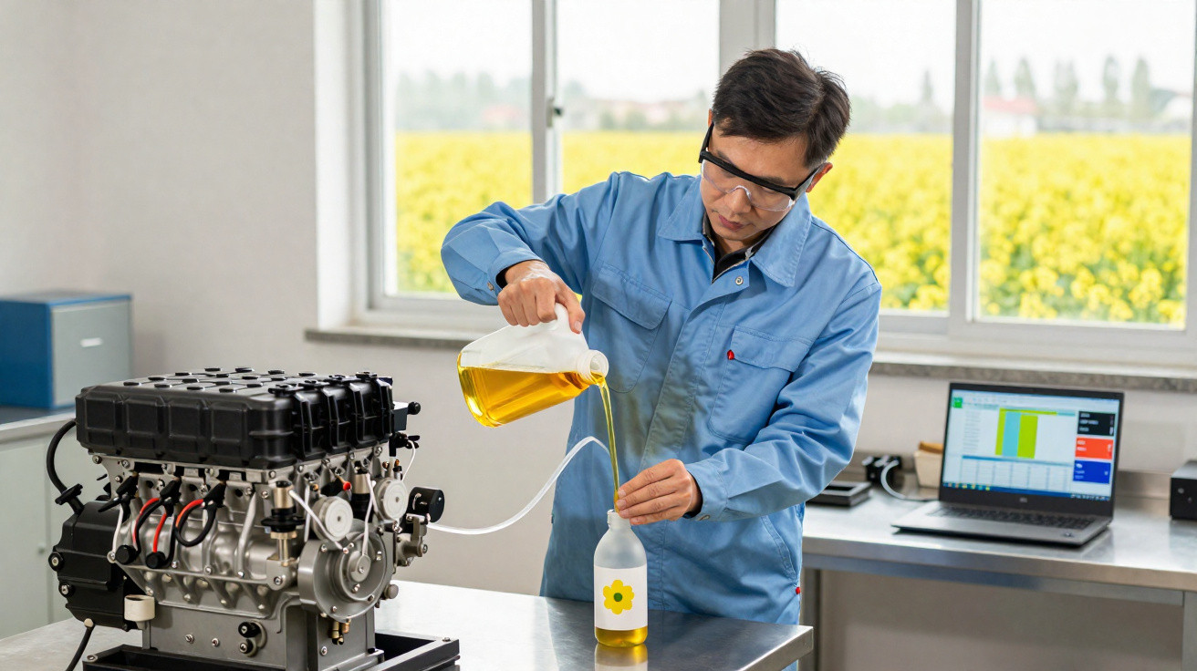 Scientifique en blouse bleue verse un liquide jaune dans une bouteille, laboratoire avec moteur et ordinateur en arrière-plan