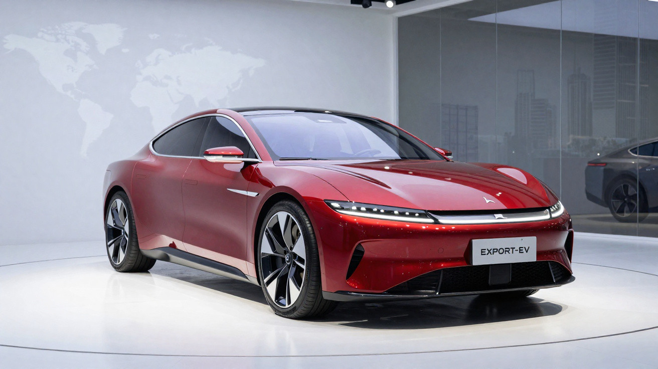 Voiture électrique berline rouge modèle EXPORT-EV exposée sur un socle blanc dans un showroom moderne.