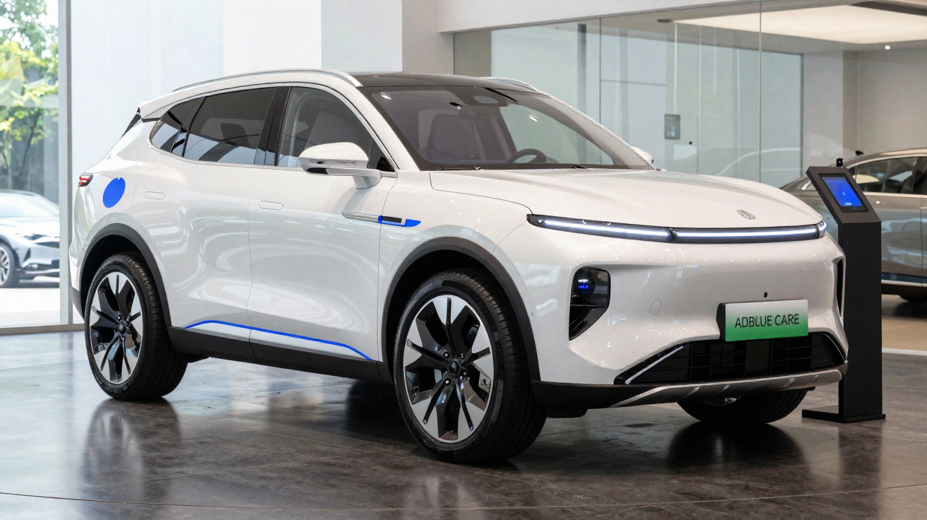 SUV électrique blanc moderne exposé dans un showroom lumineux avec écran interactif à côté.